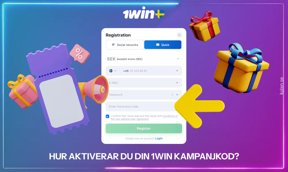 För att aktivera 1win-kampanjkoden klickar du på Registrera, fyller i dina uppgifter, anger kampanjkoden i lämpligt fält, slutför registreringen och gör din första insättning för att få bonusen