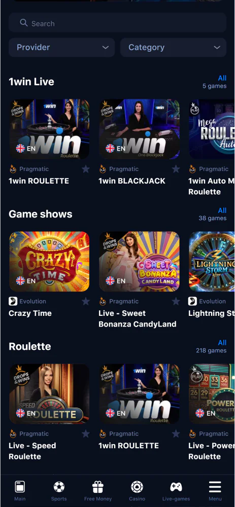 Skärmdump av mobilapplikationen 1win live casino